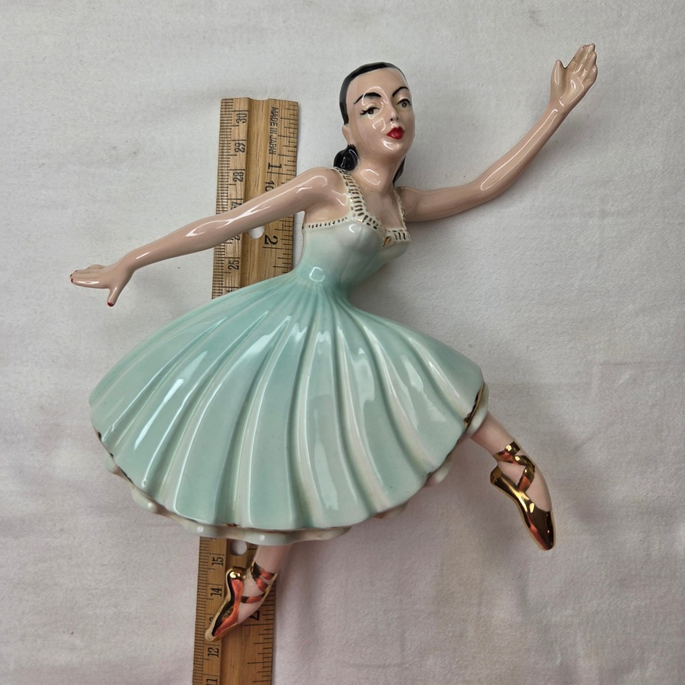 Vtg Holland Mold Ballerina Wall Mask Hanging Mint Green Gold Gilt Ceramic Japan